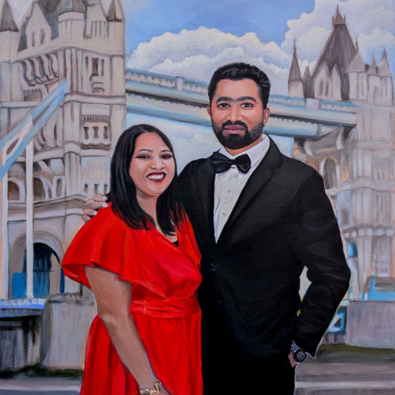 Custom commission couple portrait painting with Tower Bridge
