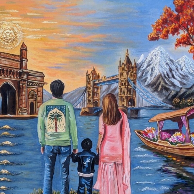 Custom commission family portrait painting with world landmarks