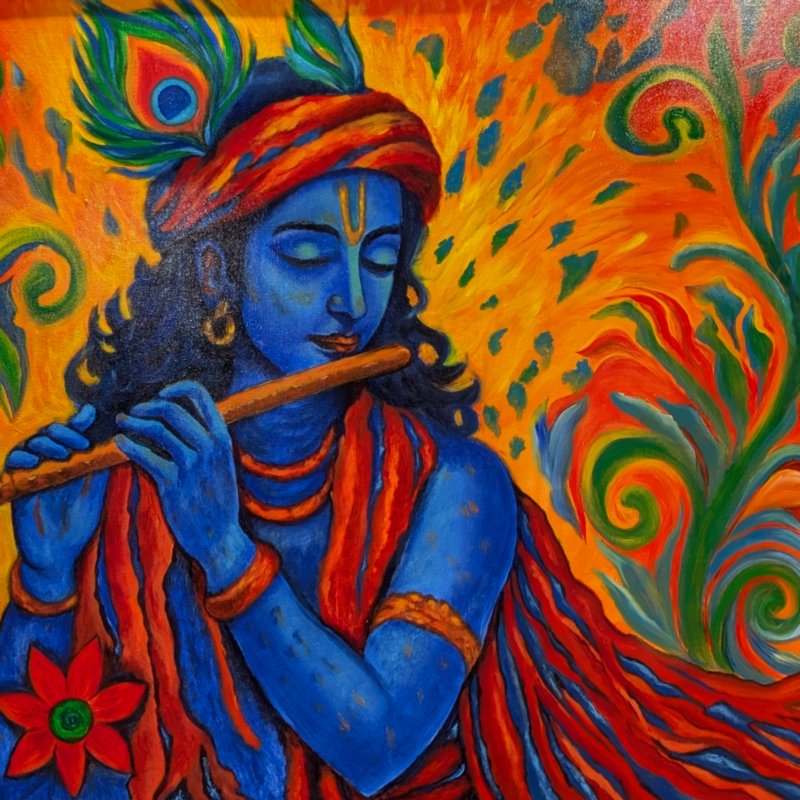 Custom commission acrylic painting of Krishna playing flute